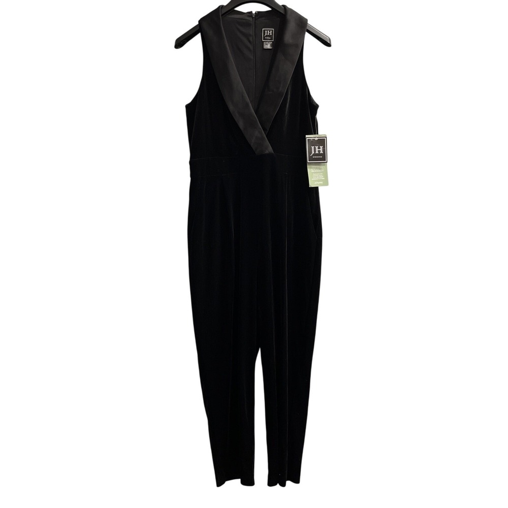 JH Evenings Jumpsuit Women 14 Black Velvet Sleeveless Satin Collar Event Holiday
